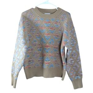 Merci Tan Blue Argyle Diamond Knit Crewneck Sweater Womens Medium Wool Blend